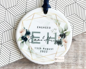 Personalised Engagement gift  Engaged Blue blush floral Greenery Leaf Ceramic or Acrylic Round Decoration Ornament Keepsake