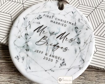 Personalised First Christmas Married Mr Mrs Newlywed Christmas Deer scene design Ceramic or Acrylic Round Ornament Keepsake