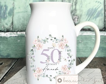 Personalised Birthday gift Special Birthday Milestone 21 30 40 50 60 70 Any age gift Dusky pink Floral Ceramic Small Vase Jug Mug gift mum