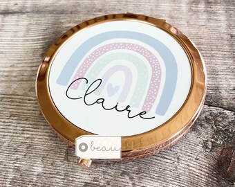 Personalised Name Pink Lilac Rainbow Round Rose Gold Compact Pocket Mirror Keepsake