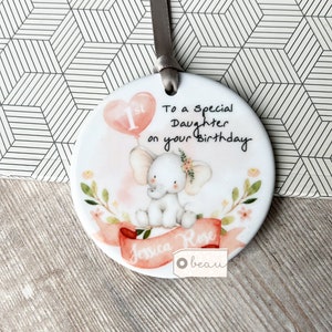 Personalised Happy Birthday Age Gift Granddaughter Daughter Elephant floral Greenery Ceramic or acrylic Round Decoration Ornament Keepsake