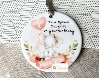 Personalised Happy Birthday Age Gift Granddaughter Daughter Elephant floral Greenery Ceramic or acrylic Round Decoration Ornament Keepsake