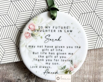 Personalised Future Daughter in law gift Pink roses floral Greenery Ceramic Round Decoration Ornament Keepsake