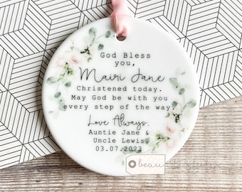 Personalised Christening gift God bless you Niece Nephew Grandchild Baptism Baby Boy Girl Greenery Ceramic or acrylic Ornament Keepsake