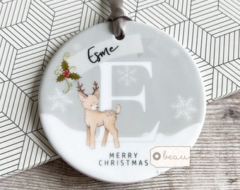 Personalised Name Merry Christmas Gift Boy Girl Newborn Deer Snowflake Design Ceramic or Acrylic Round Ornament Tree Keepsake