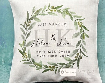 Personalised Names Married Mr Mrs Home Quote Eucalyptus Wreath Design Home Quote Linen Style Cushion cover