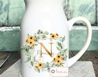 Personalised Name Nanna Nanny Mum Auntie Grandma Mama Home Sunflower Floral Ceramic Small Vase Jug Mug Birthday gift