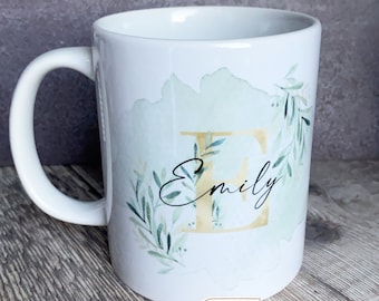 Personalised Name and initial Eucalyptus Greenery Gold leaf Ceramic Mug - Tea mug - coffee Mug - Gift mug