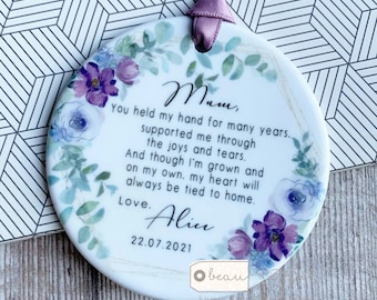 Personalised Mother of Bride Thank you You held my hand Quote Floral greenery Ceramic Round Decoration Ornament Wedding Keepsake