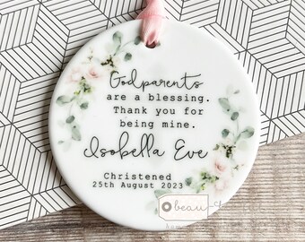 Personalised Thank you Godmother Godfather Godparents Gift Christening Baptism Quote greenery Ceramic or acrylic Round Ornament Keepsake