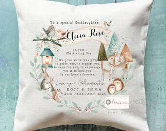 Personalised Christening Baptism Gift Promise to Godchild Godson Goddaughter animals woodland Linen Style Cushion Godparent Godmother