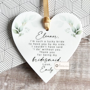 Personalised Thank you Bridesmaid Flower Girl Maid of Honour Greenery Design Acrylic Heart Decoration Ornament Wedding Keepsake