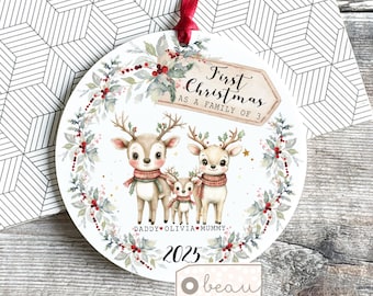 Personalised 1st First Christmas as a family of 3 4 5 reindeer deer New parents Daddy Mammy Mommy Baby Greenery bauble Ornament Keepsake
