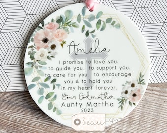 Personalised Promise to Godchild Christening Baptism Gift Godparents Godmother Godson Goddaughter Floral Acrylic Ornament Keepsake