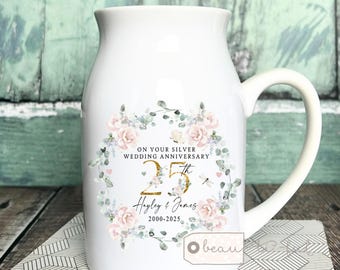 Personalised Silver Wedding Anniversary gift 25th 25 Silver Golden Diamond Ruby Sapphire Anniversary gift Floral Ceramic Small Vase Jug Mug