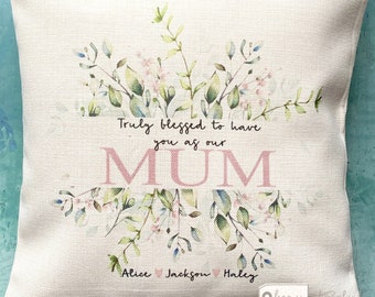 Personalised Truly blessed to have you Mum Nanna Auntie Mom Mam Quote pink Floral Home Quote Linen Style Cushion cover
