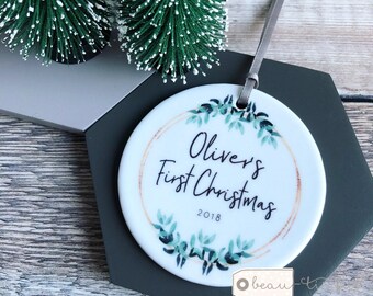 Personalised First Christmas Baby Baby’s Boy Girl Newborn Greenery leaf Design Ceramic Round Ornament Keepsake