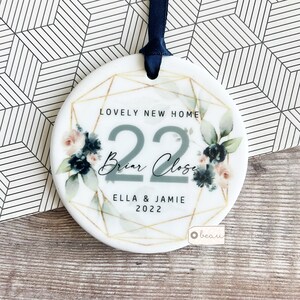 Personalised Lovely new home Housewarming Navy blue blush Foliage Greenery Design Ceramic Round Decoration Ornament Wedding Keepsake