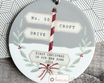 Personalised New home gift Christmas gift First Christmas at Address New Home Signpost Design Ceramic or Acrylic Round Ornament Keepsake