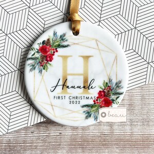Personalised Baby Baby’s First Christmas Baby Boy Girl Newborn Foliage Geometric Greenery leaf Ceramic or Acrylic Round Ornament Keepsake