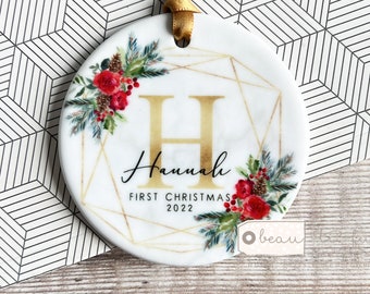 Personalised Baby Baby’s First Christmas Baby Boy Girl Newborn Foliage Geometric Greenery leaf Ceramic or Acrylic Round Ornament Keepsake