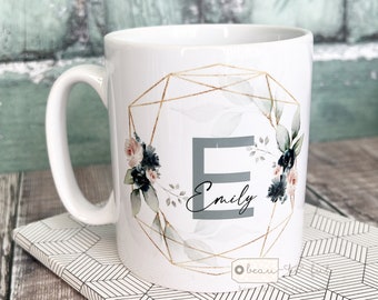 Personalised Name and initial Blue Navy Blush Floral Eucalyptus Greenery Ceramic Mug - Tea mug - coffee Mug - Gift mug