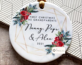 Personalised First Christmas as Grandparents Gift Gran Grandma Nanna New Baby Christmas Foliage Ceramic or Acrylic Round Ornament Keepsake