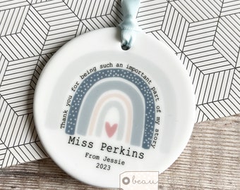 Personalised Thank you teacher teaching assistant nursery teacher Pastel Rainbow Ceramic or acrylic Round Decoration Ornament Keepsake