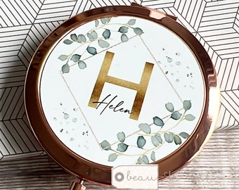 Personalised Name and initial Geometric Greenery Round Rose Gold Silver Compact Pocket Mirror Keepsake Bridesmaid Gift