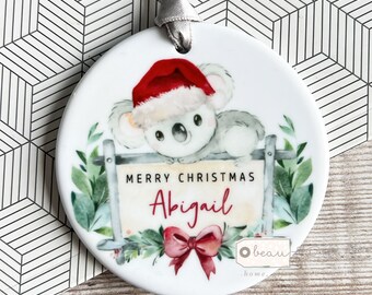 Personalised Merry Christmas Koala Signpost Design Ceramic Round Ornament Keepsake Tree Decoration Child boy girl gift