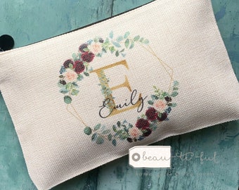 Personalised Name Eucalyptus Design Linen style Fabric Make up Bag Birthday gift for her mum sister friend