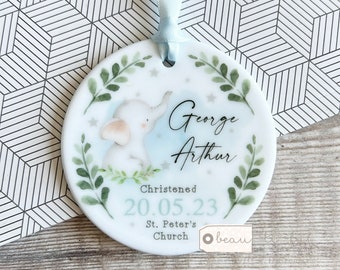 Personalised Christening Baptism Gift Baby Boy Girl Elephant Greenery Design Ceramic or Acrylic Round Ornament Keepsake