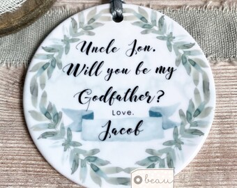 Personalised proposal Will you be my Godmother Godfather Godparents Christening Baptism Greenery Ceramic or Acrylic Round Ornament Keepsake