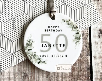 Personalised Happy Birthday Milestone 18 21 30 40 50 Greenery Design Ceramic Round Decoration Ornament Wedding Keepsake