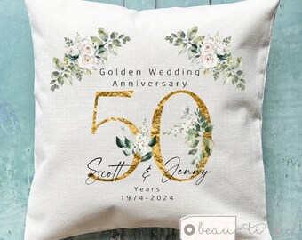 Personalised Golden Wedding anniversary gift silver 25th 50th 1st 40th 10th Ruby Diamond Pearl Gold floral Home Linen Style Cushion