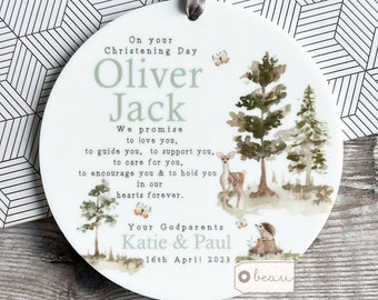 Personalised Promise to Godchild Godson Christening Baptism Gift Baby Boy Girl Woodland Greenery Ceramic or acrylic Round Ornament Keepsake