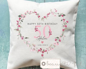 Personalised Happy Birthday Gift Age Milestone 21 30 40 50 60 70 80 90 any age pink Home Linen Style Cushion Friend Nanny gift for her mum