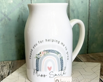 Personalised Teacher gift Teaching Assistant Nursery Teacher Mentor Friend Mum Nanna Grandma Floral Rainbow Ceramic Jug Vase gift