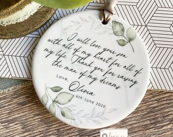 Personalised Mother of Groom Bride Thank you gift from Bride Groom Quote Greenery Leaf Ceramic or Acrylic Round Ornament Wedding Keepsake