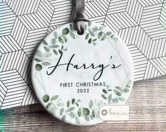 Personalised First Christmas Baby Boy Girl Geometric Greenery leaf Design Ceramic or Acrylic Round Ornament Keepsake
