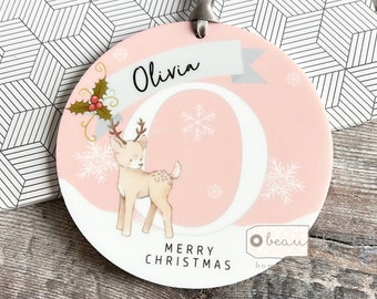 Personalised Name Merry Christmas Gift Boy Girl Newborn Deer Snowflake Design Ceramic or acrylic Round Ornament Tree Keepsake