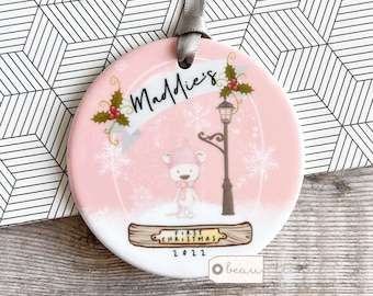 Personalised Baby Babies Baby’s First Christmas gift Boy Girl Newborn Bear Snowglobe Ceramic or Acrylic Round Ornament Keepsake