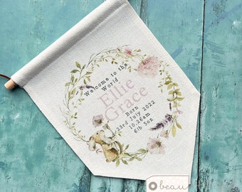 Personalised Welcome to the world Baby Girl Pink Floral Greenery Wreath Design Home Quote Linen Style Pennant Flag Room Decor