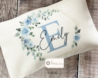 Personalised Name and initial Pale blue Floral Design Linen style Fabric Make up Bag Birthday gift for her mum sister friend