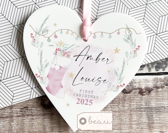 Personalised Baby First Christmas Gift Baby’s 1st Girl Christmas gift Pink Stocking Wreath Bauble heart Ornament Keepsake New Baby gift