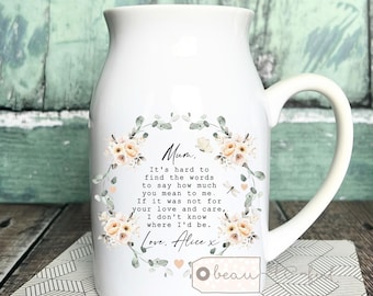 Personalised It’s hard to find the words Mum Nanna Nanny Grandma Peach Floral Ceramic Small Vase Jug Mug Birthday gift Mother’s Day