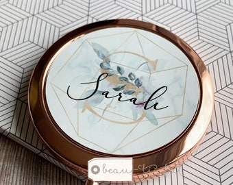 Personalised Name Pretty Floral Round Rose Gold Compact Pocket Mirror Keepsake