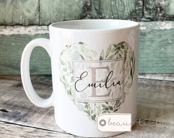 Personalised Name and initial Eucalyptus Heart Greenery Ceramic Mug - Tea mug - coffee Mug - Gift mug personalised gift gift for her