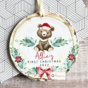Personalised 1st Christmas Baby Babies Baby’s First Christmas Bear Signpost Design Acrylic Round Ornament Keepsake Boy child gift