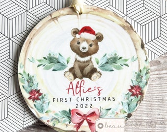Personalised 1st Christmas Baby Babies Baby’s First Christmas Bear Signpost Design Acrylic Round Ornament Keepsake Boy child gift